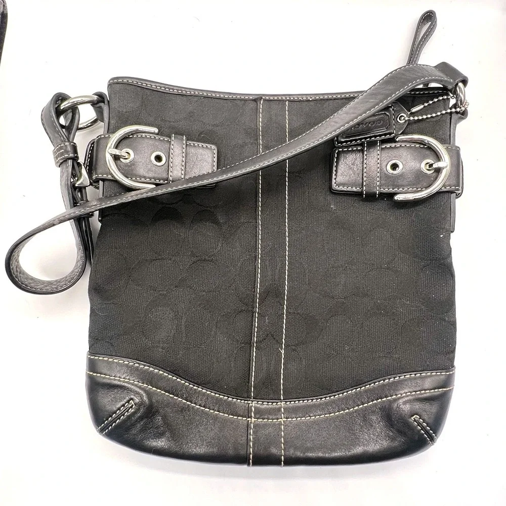 Coach Signature Jacquard Black Fabric‎ With Leather Shoulder Bag Hobo J05M-3577